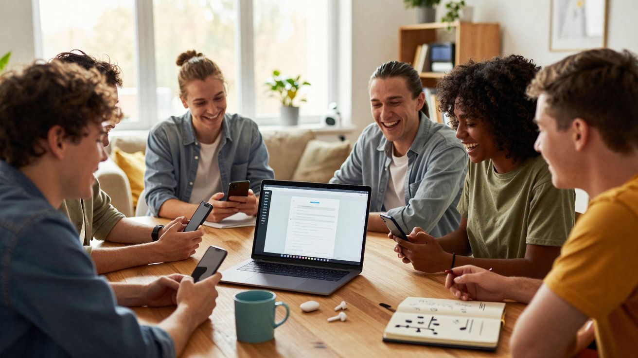 Grupo de jovens reunidos à volta de uma mesa, a sorrir e usar telemóveis com computador portátil aberto no centro.