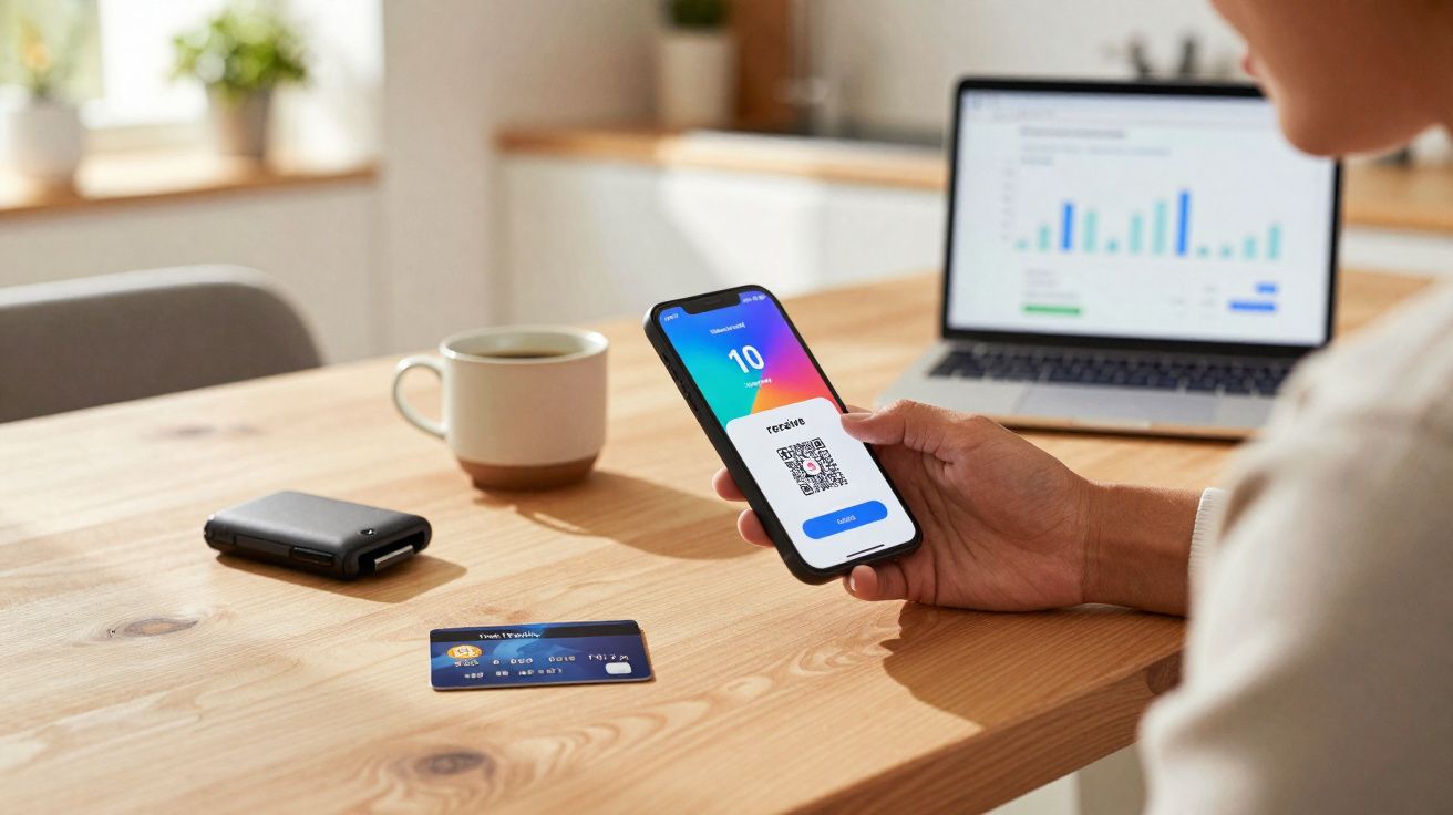 Pessoa a usar telemóvel para pagar com QR code numa mesa com cartão de crédito, computador portátil e chávena.