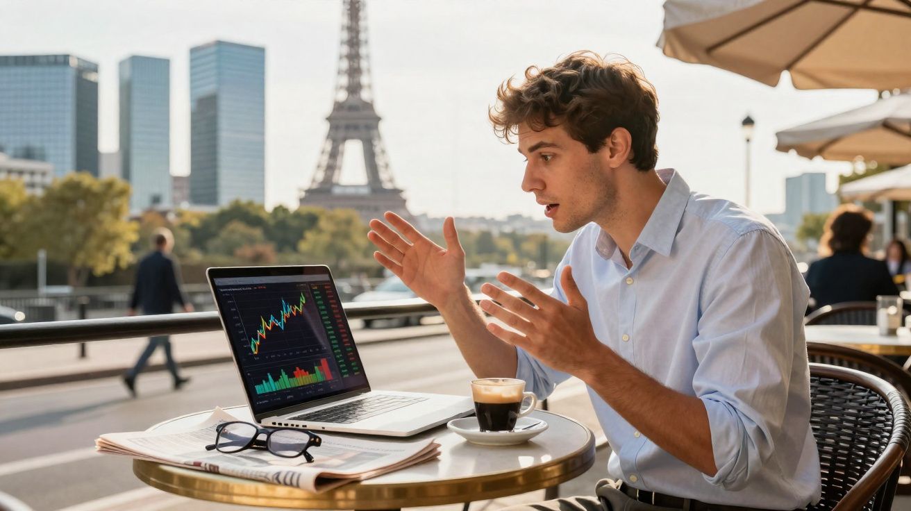 Homem surpreendido vê gráficos financeiros no computador num café com a Torre Eiffel ao fundo.