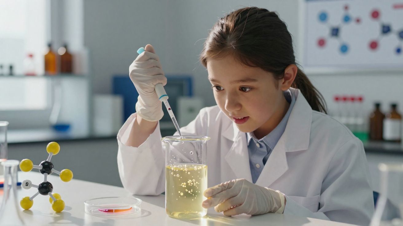 Menina de bata branca e luvas a usar pipeta para transferir líquido em laboratório escolar.