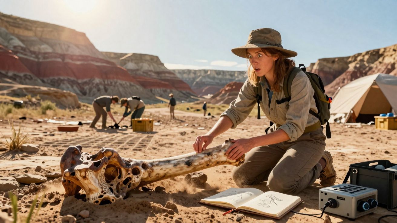 Mulher arqueóloga escava e examina osso fóssil grande num sítio arqueológico desértico com grupo ao fundo.