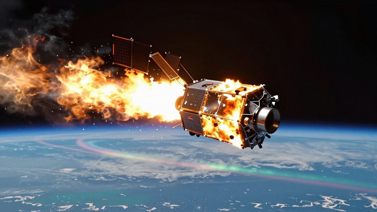 Satélite em chamas a reentrar na atmosfera terrestre sobre o planeta Terra.