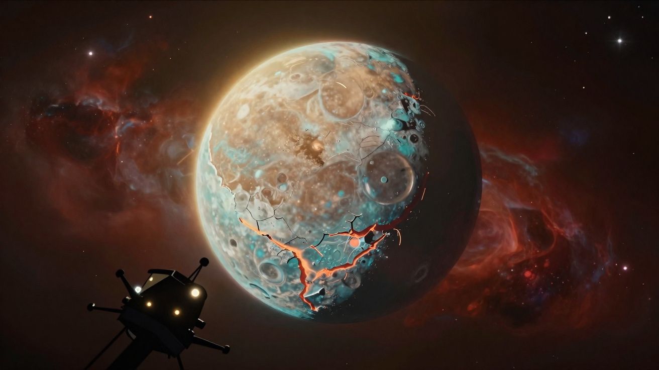 Planeta com crateras e fissuras luminosas vermelhas no espaço, com nave espacial em primeiro plano.