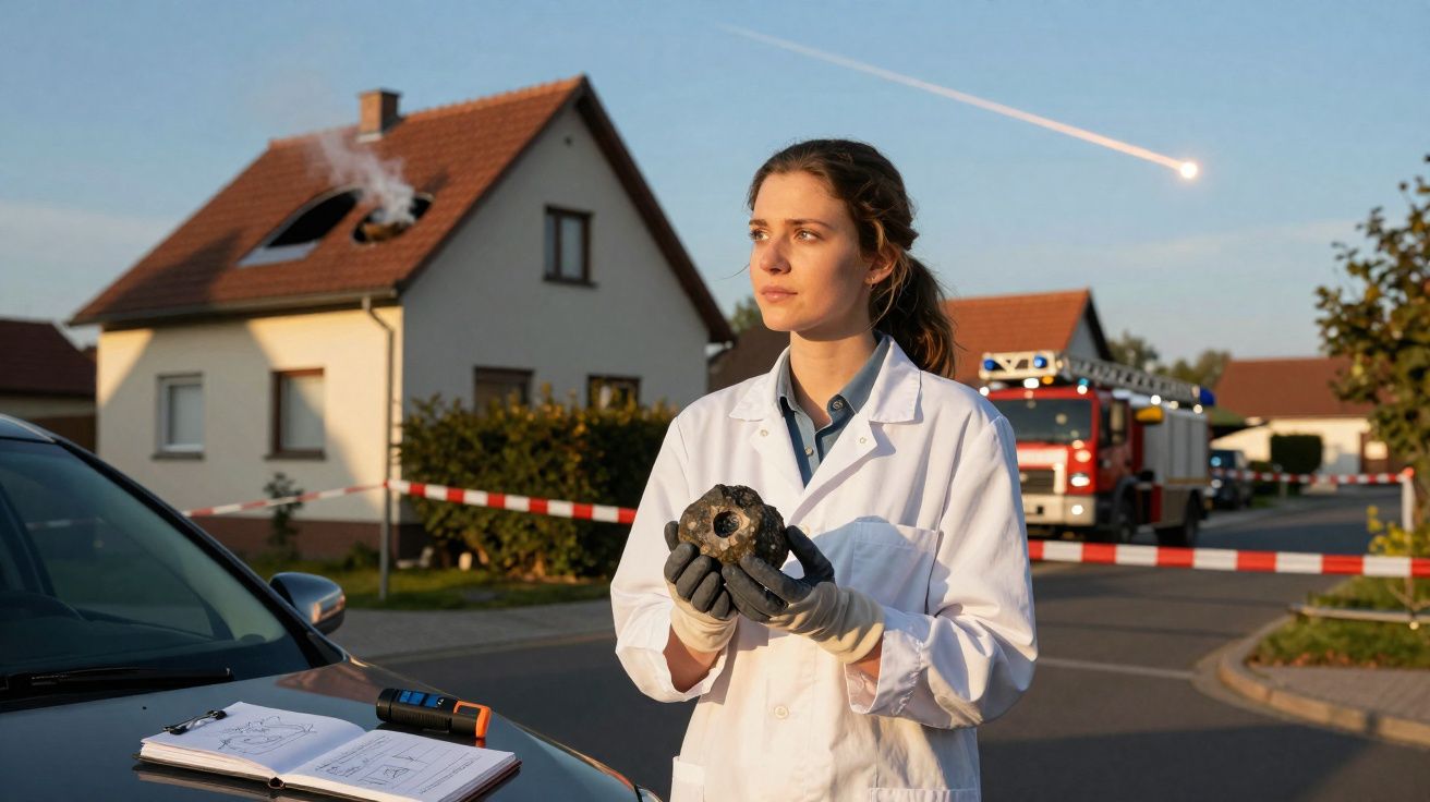 Mulher com bata branca e luvas a investigar objeto queimado perto de casa com incêndio, bombeiros e meteoro no céu.
