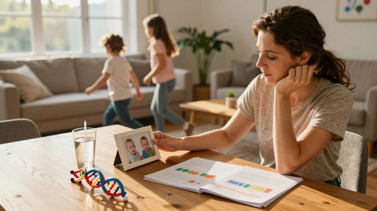 Mulher sentada à mesa, olhando fotografia de bebés, com crianças a brincar ao fundo numa sala luminosa.