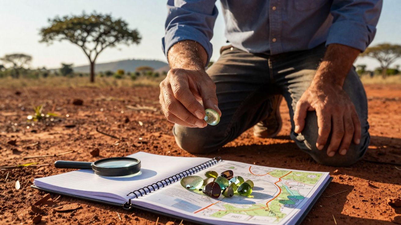 Pessoa agachada no campo a examinar pedras verdes sobre um caderno aberto junto a uma lupa.