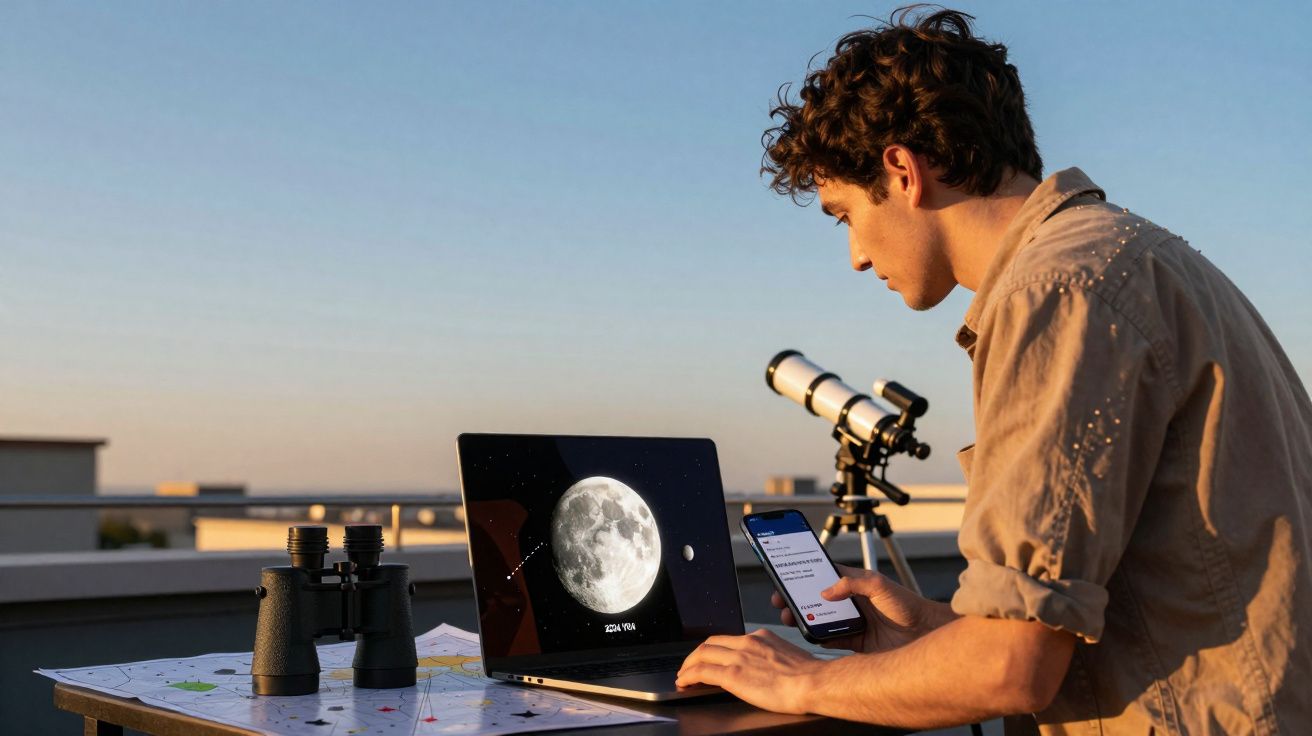 Homem num terraço a observar a Lua no computador, com binóculos, mapa e telescópio ao redor ao pôr do sol.