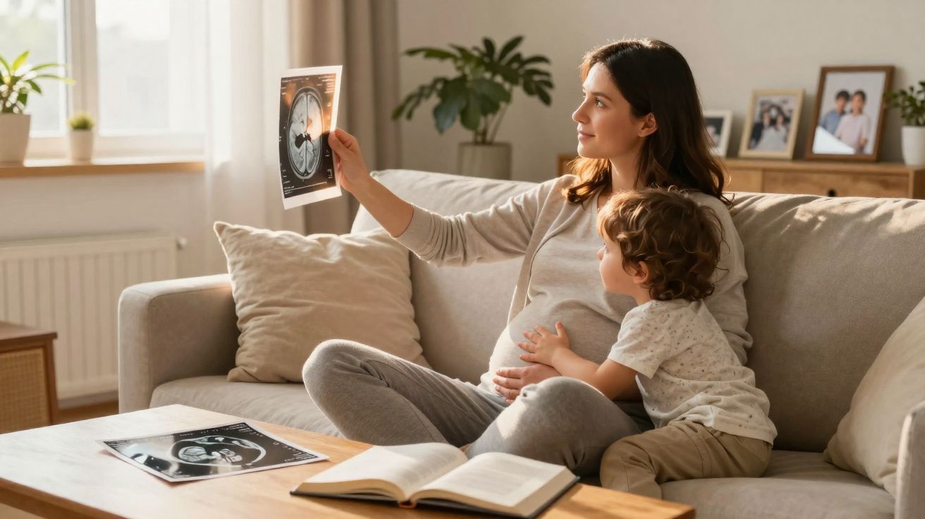 Mulher grávida sentada no sofá com filho, segurando ecografia do bebé em ambiente acolhedor.