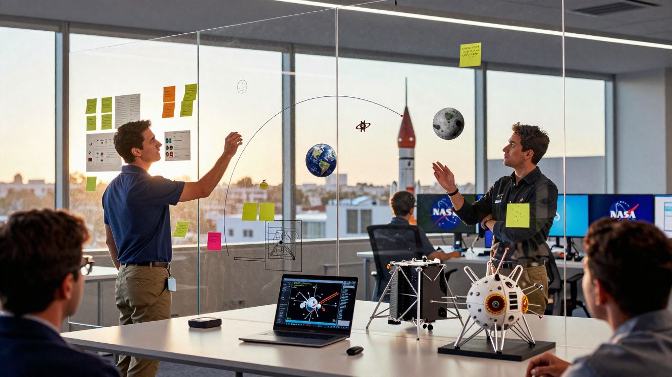 Equipa de trabalho em escritório da NASA discute projeto espacial com modelos e desenhos de satélites.