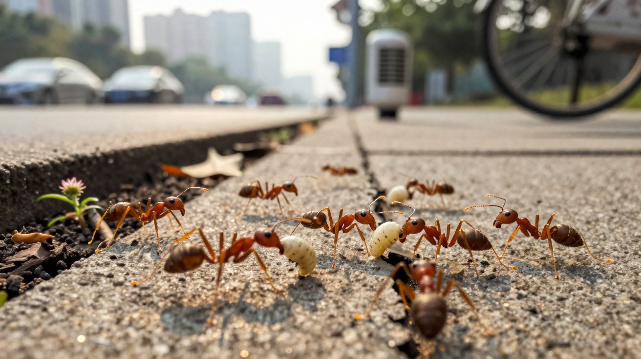 Formigas carregam larvas sobre um passeio urbano com bicicleta e carros desfocados ao fundo.