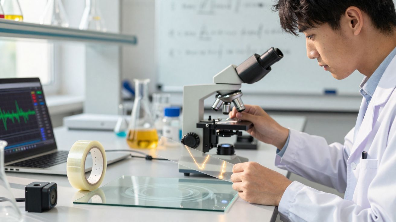 Cientista jovem a usar microscópio num laboratório com computador, tubos de ensaio e equipamentos científicos.