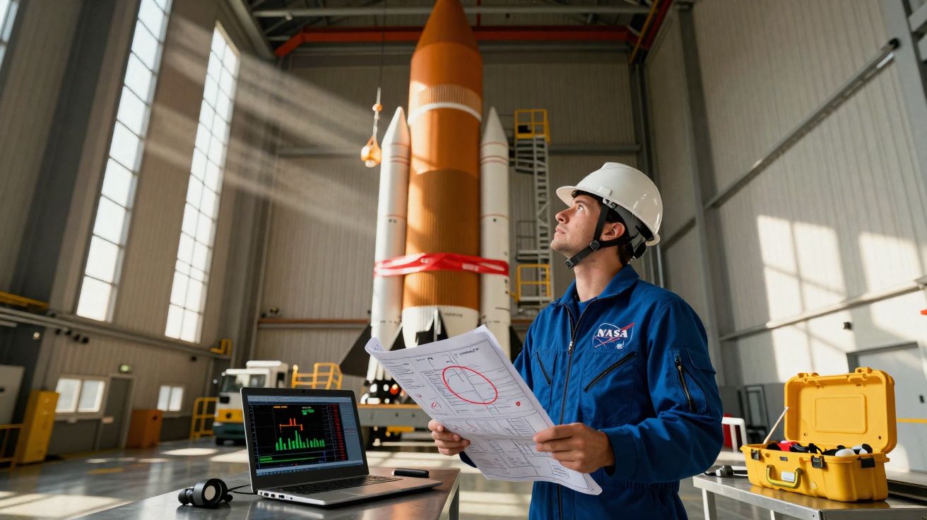 Engenheiro da NASA em capacete e roupa azul analisa plano junto a foguete e computador numa hangar espaçonave.