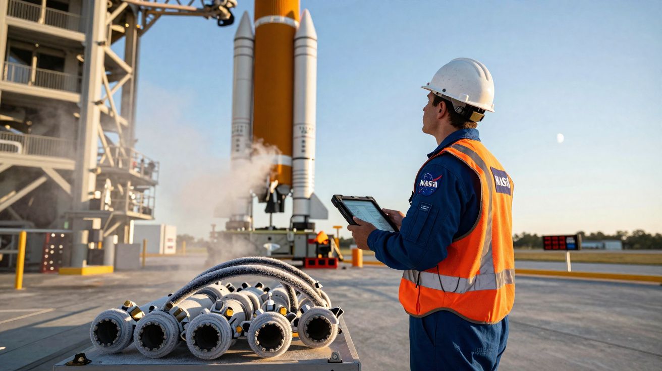 Engenheiro da NASA com capacete e colete observa foguetão na plataforma de lançamento ao pôr do sol.