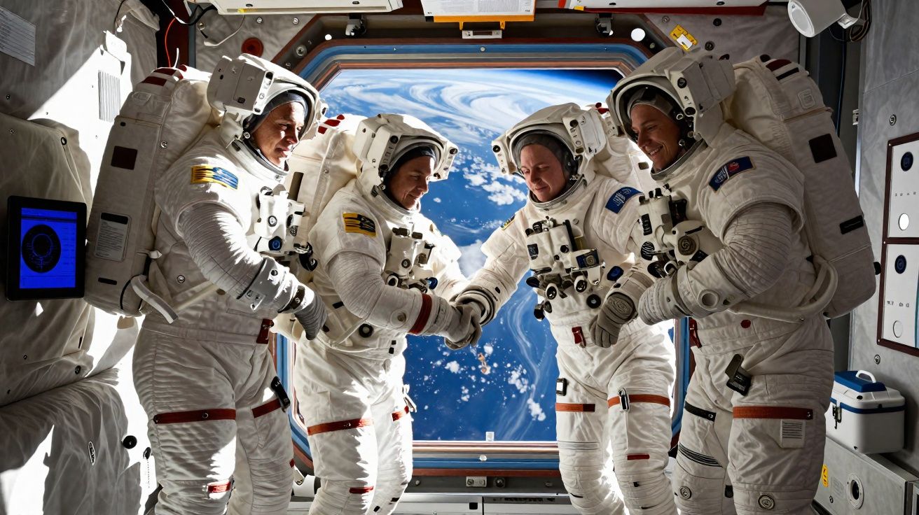 Quatro astronautas em pleno espaço dentro de uma estação com vista da Terra ao fundo.