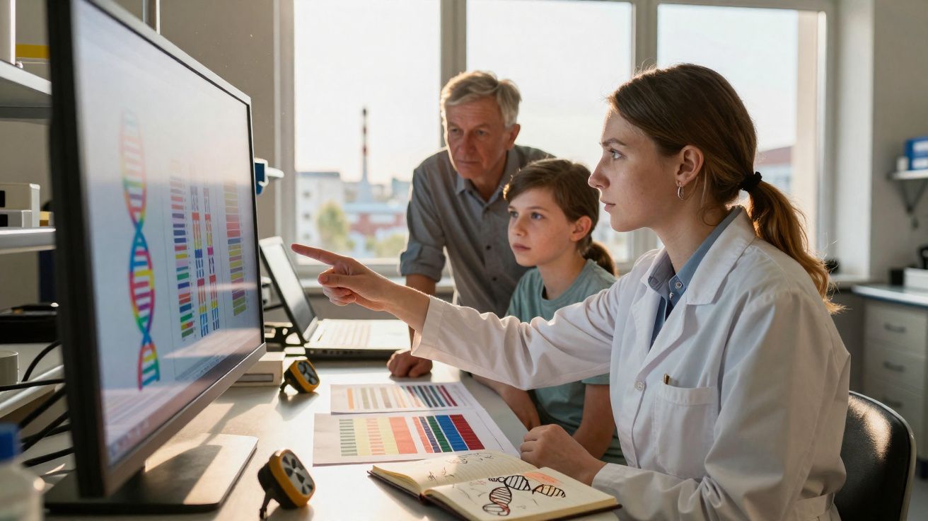 Cientista explica análise de ADN a criança e adulto, com gráficos coloridos e representação de dupla hélice.