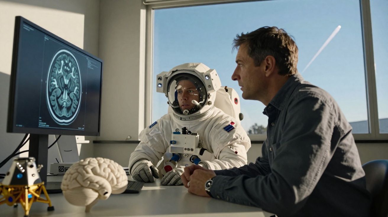 Homens analisam imagem cerebral num ecrã, um deles está vestido com fato de astronauta dentro de uma sala iluminada.