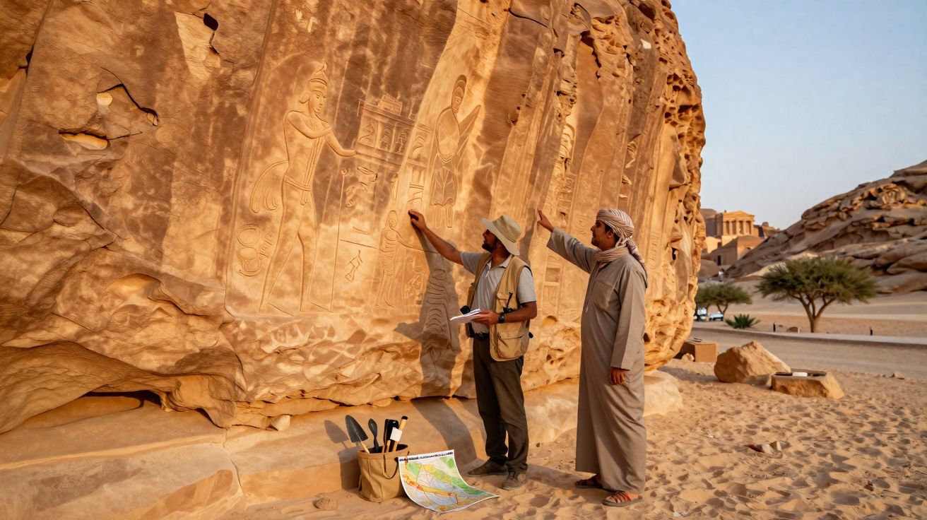 Dois homens estudam e desenham gravuras antigas numa grande rocha no deserto, com templo antigo ao fundo.