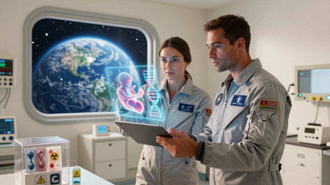 Dois cientistas em fatos espaciais analisam holograma de feto e ADN numa sala de laboratório com vista da Terra.