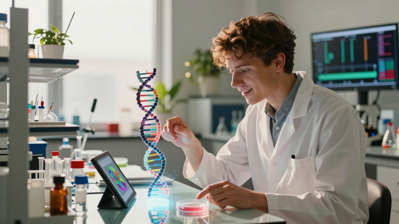 Cientista num laboratório a analisar uma molécula de ADN projetada em 3D com equipamento digital.