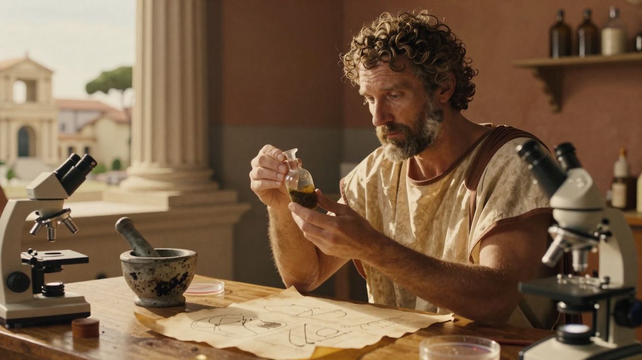 Homem com bata antiga analisa frasco com líquido numa sala com microscópios e documentos científicos.