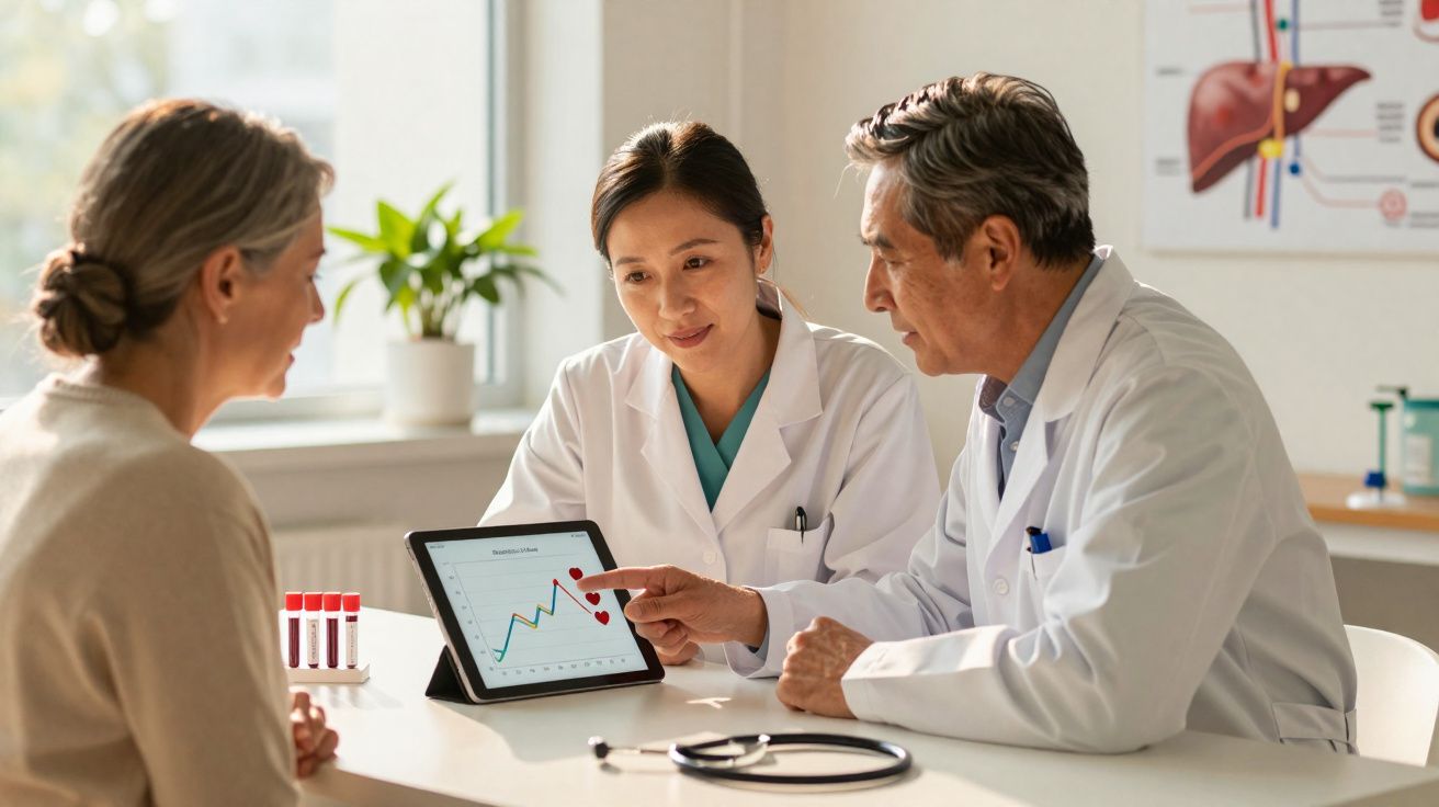 Dois médicos explicam resultados de análises em tablet a paciente sentada numa consulta.