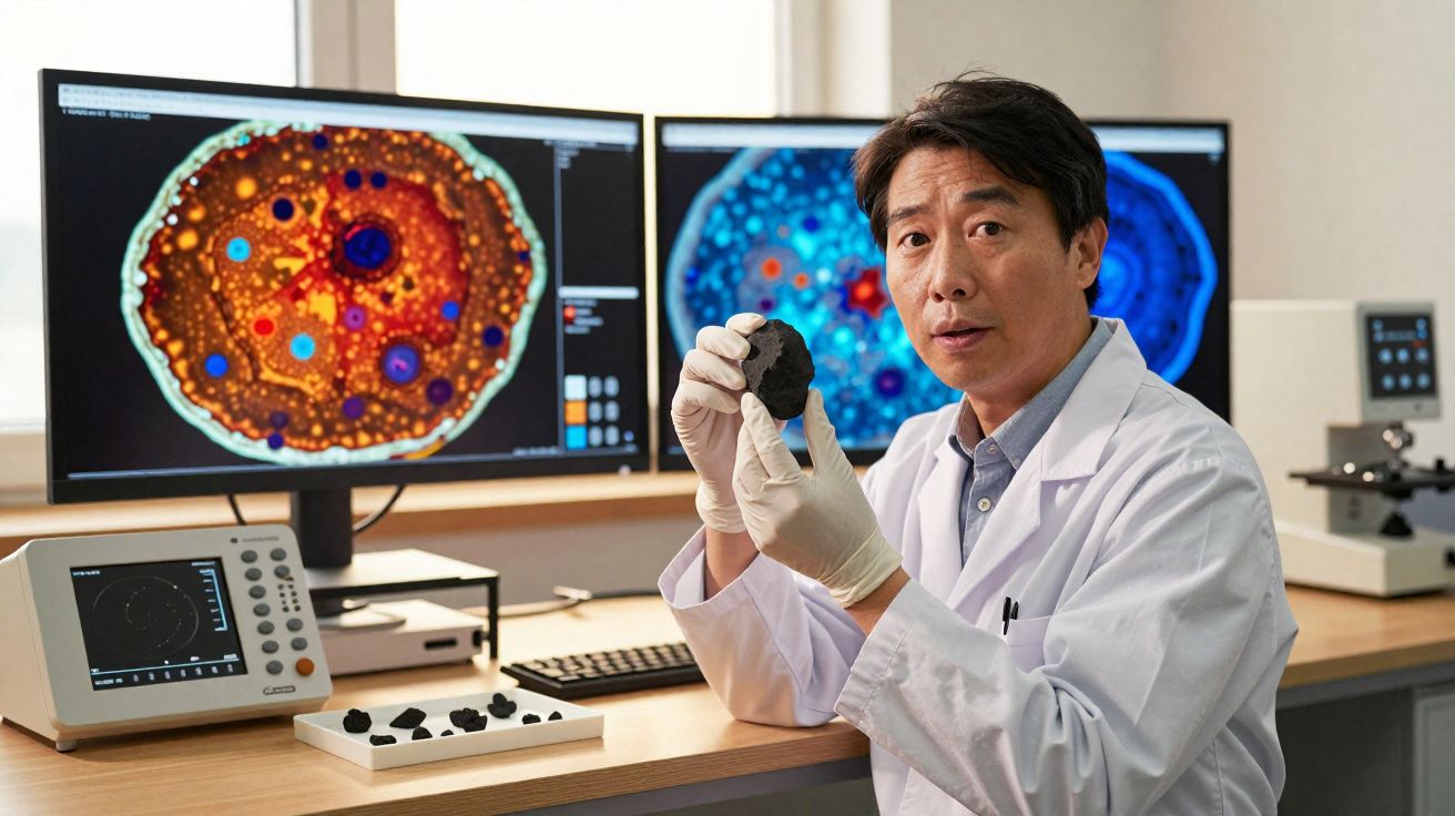 Cientista em bata branca analisa rocha com imagens coloridas de células em ecrãs ao fundo num laboratório.