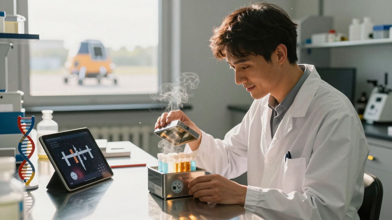 Cientista em laboratório a analisar tubos de ensaio com vapores, com tablet e modelo de DNA na mesa.