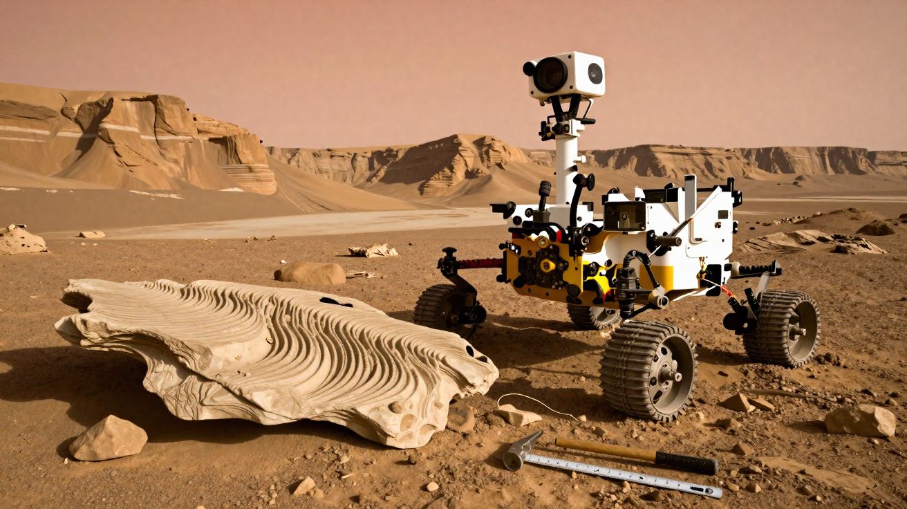 Rover explorador em superfície rochosa vermelha junto a grande rocha ondulada e ferramentas de medição.