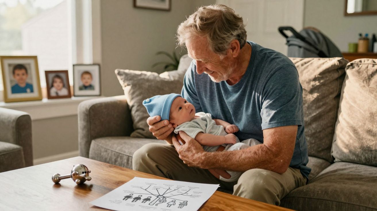 Homem idoso sentado no sofá a segurar e olhar carinhosamente para um bebé recém-nascido com gorro azul.
