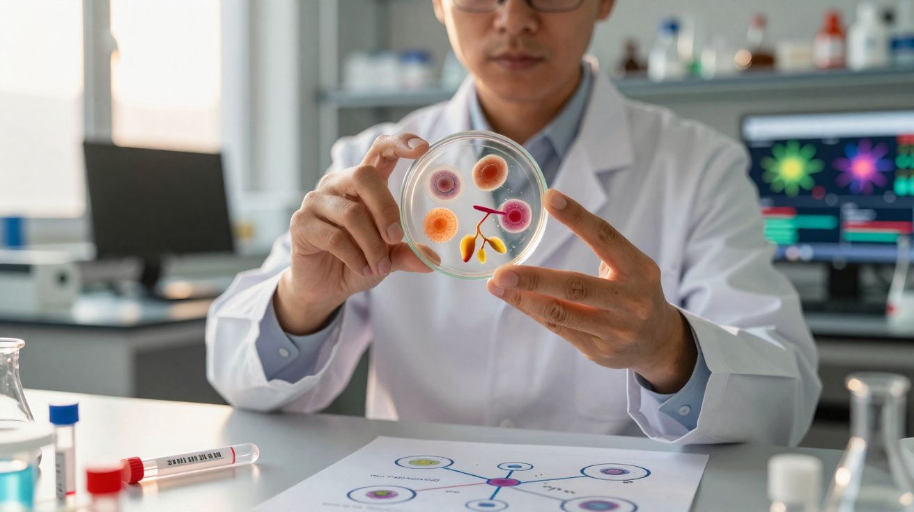 Cientista em laboratório a observar placa de Petri com colónias de microrganismos coloridos.