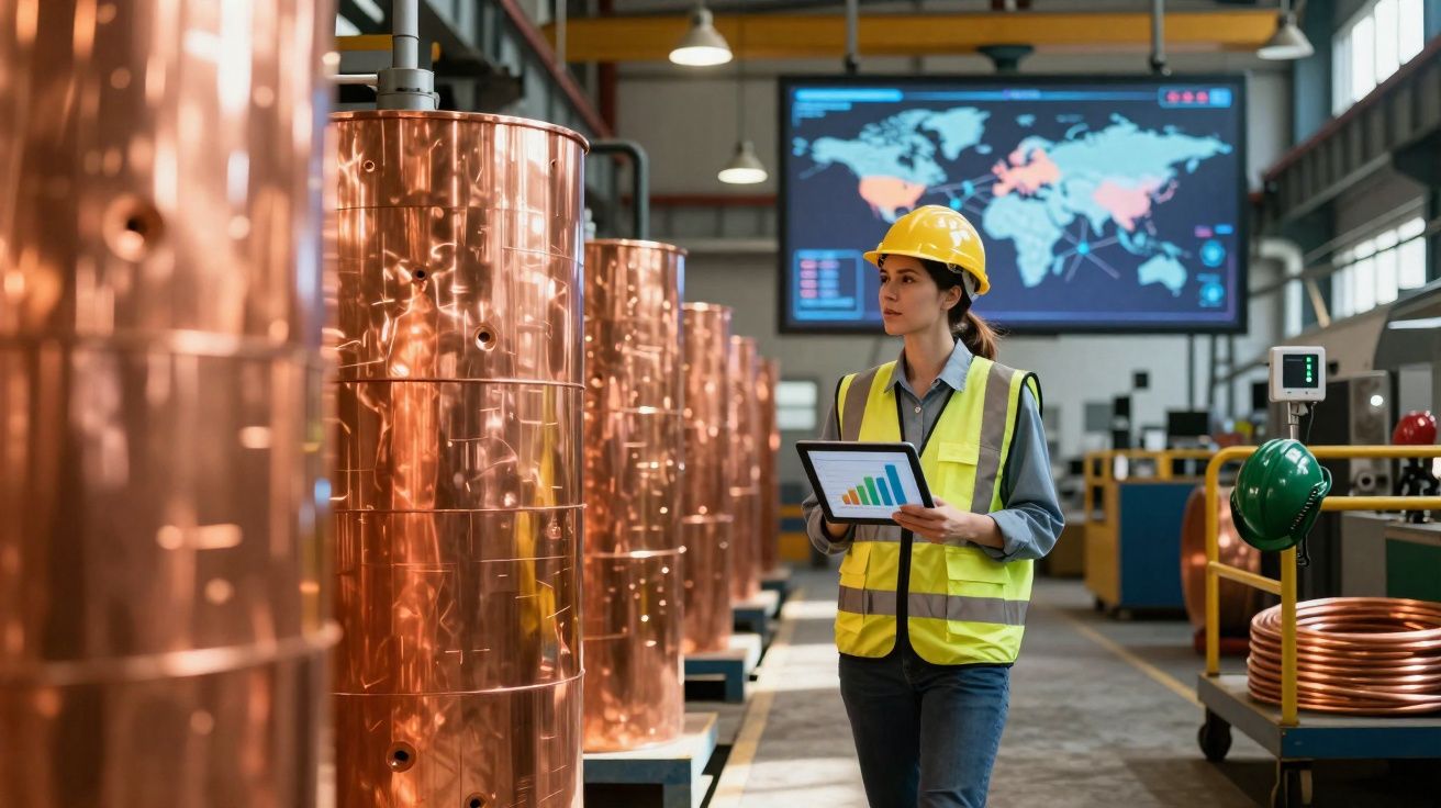 Mulher com capacete e colete reflexivo segura tablet numa fábrica com tanques metálicos e ecrã com mapa.