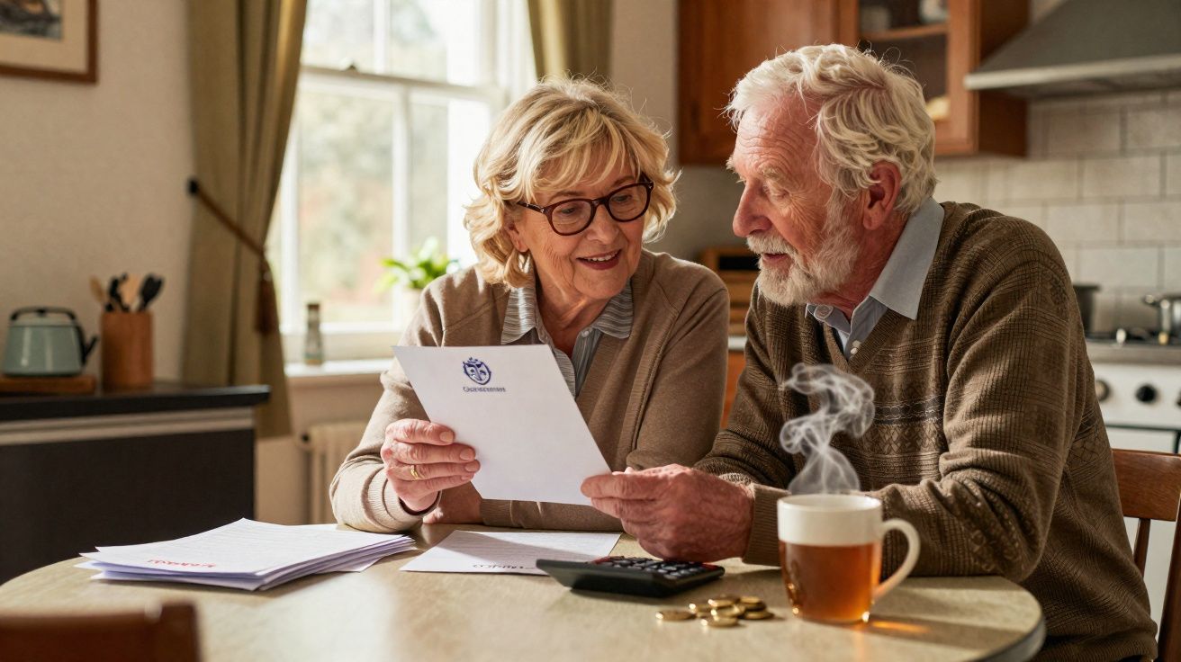Casal sénior sentado à mesa da cozinha, a analisar documentos e a discutir contas domésticas.