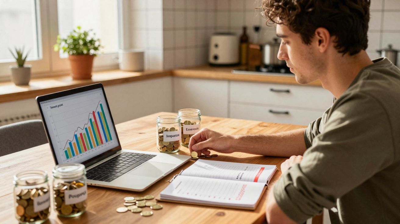 Homem a organizar moedas em frascos rotulados junto a computador portátil com gráfico de crescimento.