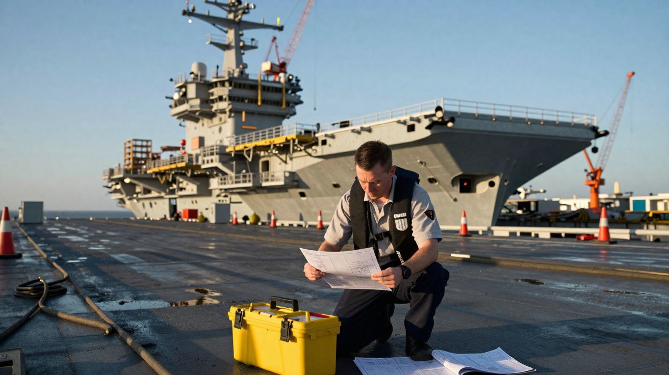 Militar a examinar documentos no convés de porta-aviões ao pôr do sol com caixa de ferramentas amarela ao lado.