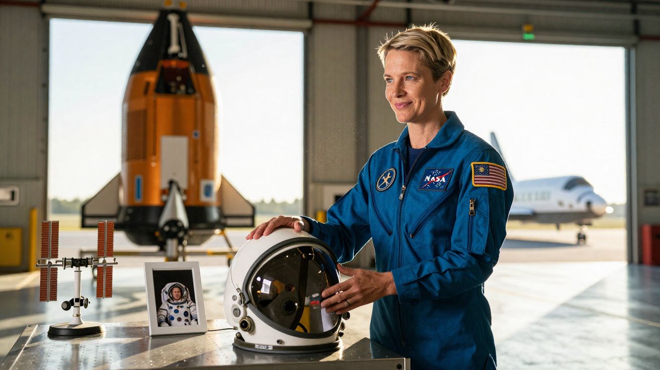 Astronauta em fato azul da NASA segura capacete espacial numa hangar com foguete e nave ao fundo.