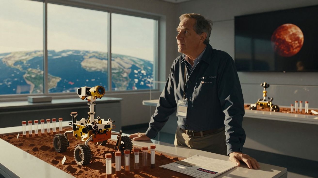 Homem observa rover e tubos de ensaio numa mesa com terra simulando Marte, janela mostra vista da Terra.