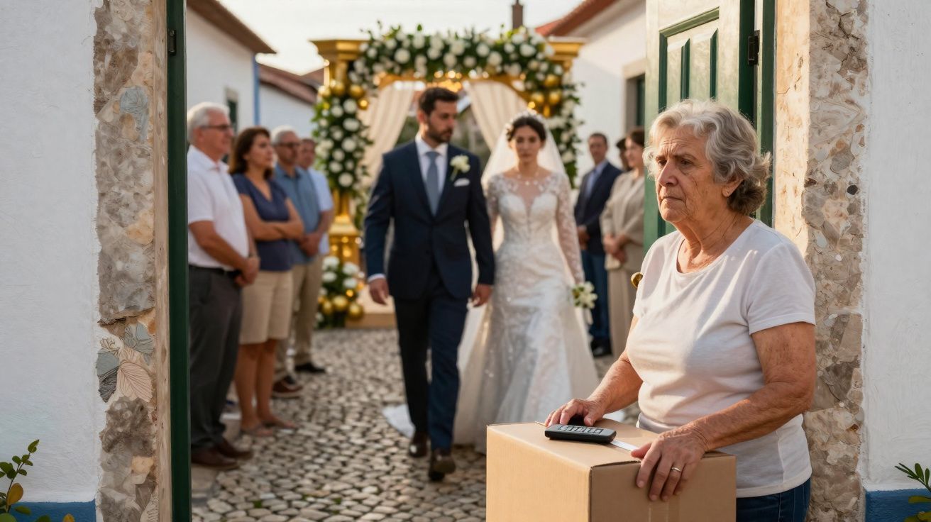 Mulher idosa com caixa espera à entrada enquanto casal de noivos passa numa cerimónia ao ar livre.
