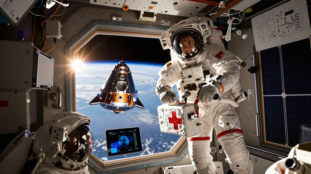 Dois astronautas dentro de uma estação espacial com vista para a Terra e uma cápsula espacial no espaço.