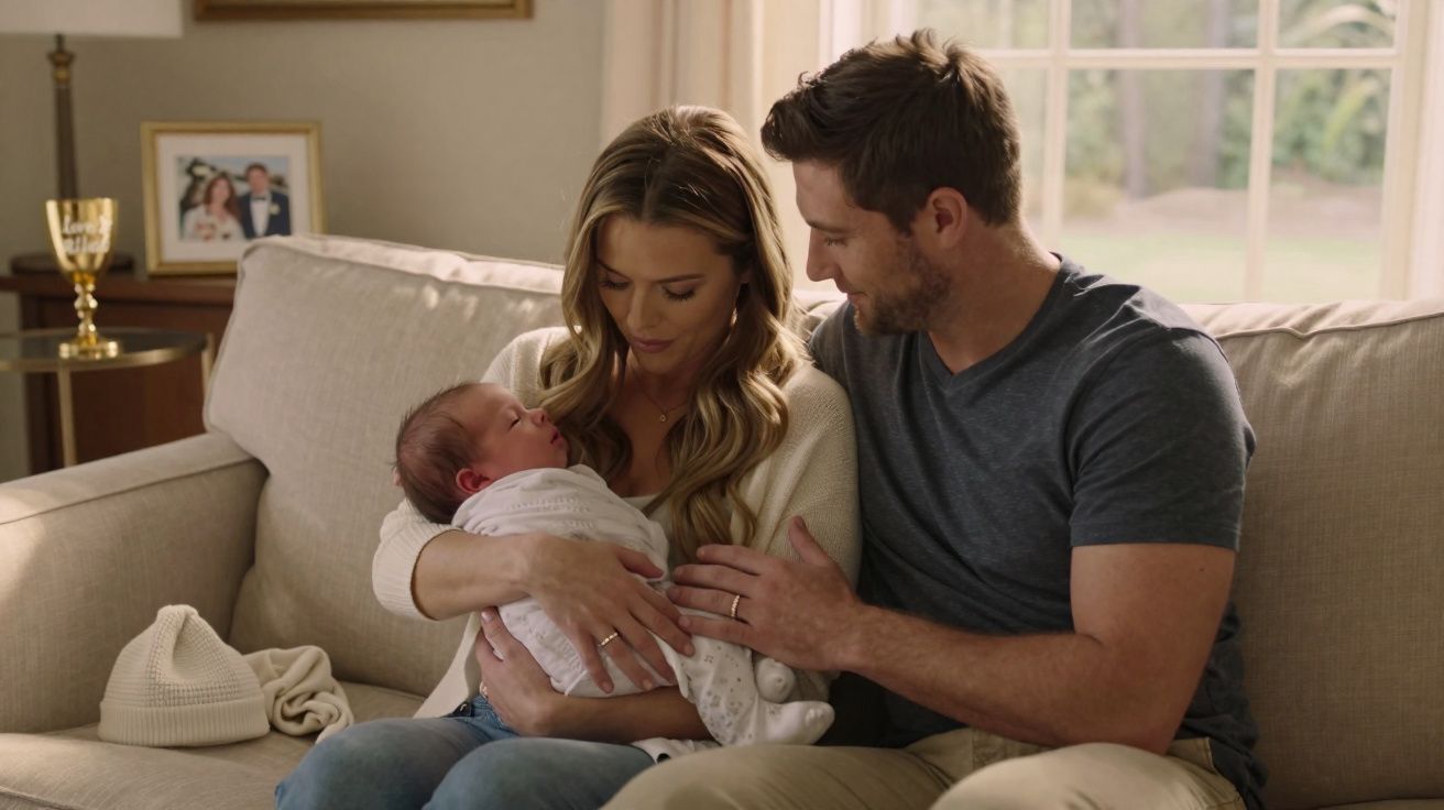 Casal sentado no sofá, mulher segura bebé recém-nascido nos braços, homem abraça-os com carinho.