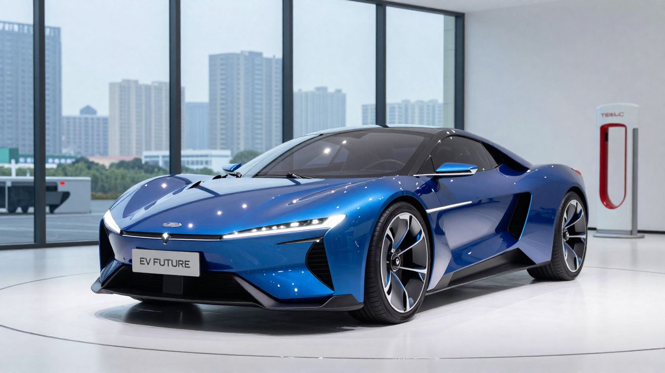 Carro desportivo elétrico azul brilhante EV FUTURE em exposição numa sala com janelas grandes.