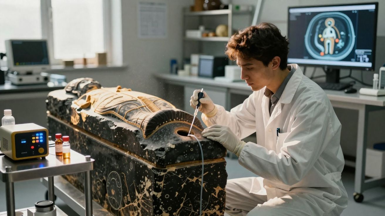 Cientista em laboratório a analisar e recolher amostras de um sarcófago antigo decorado com estrelas.