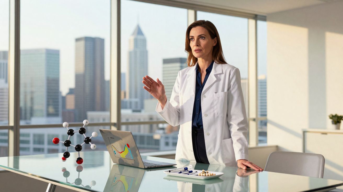 Mulher médica em bata branca apresenta dados com modelo molecular e medicamentos num escritório moderno.