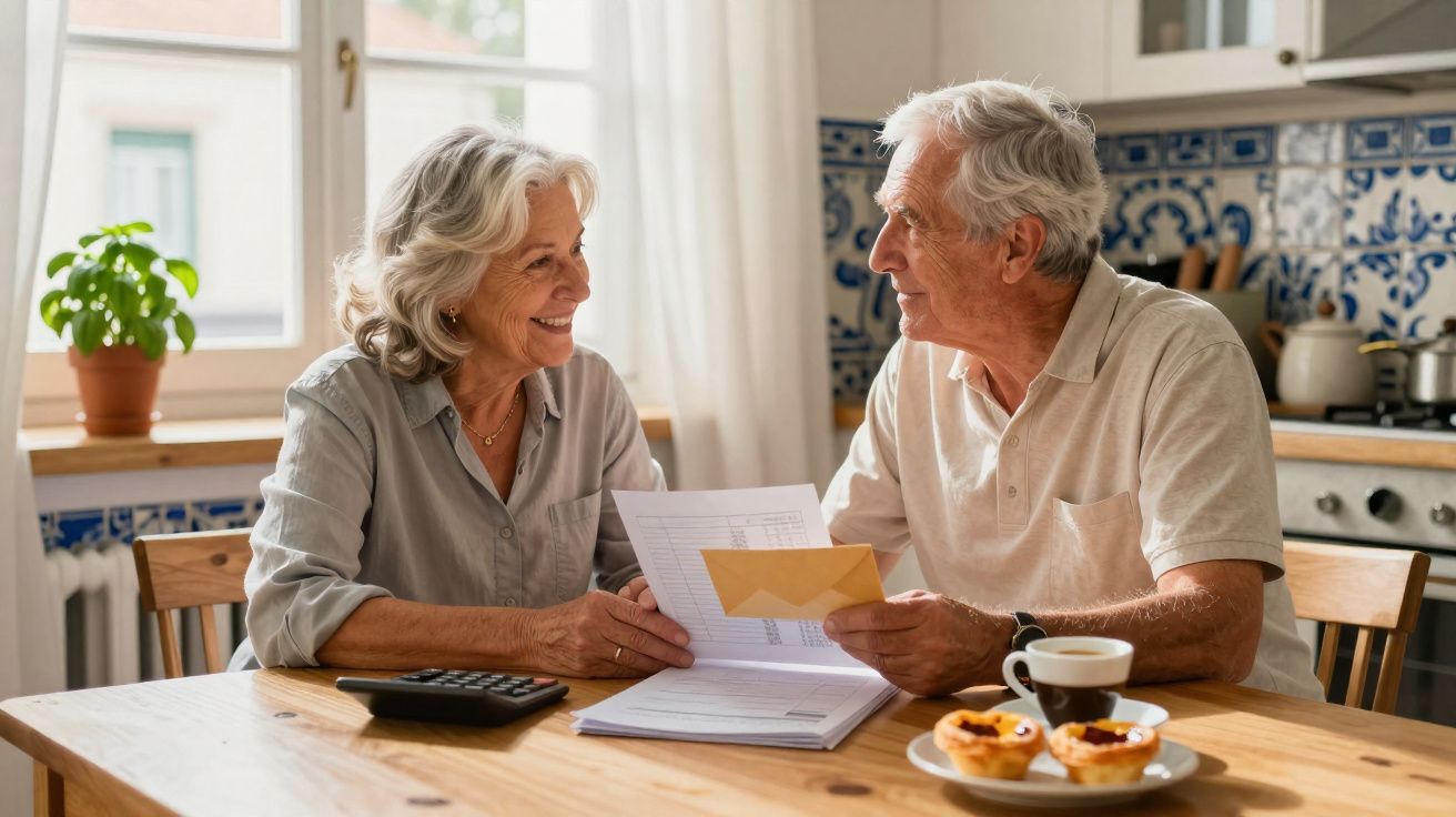 Casal sénior sentado à mesa da cozinha a analisar documentos e sorrir um para o outro