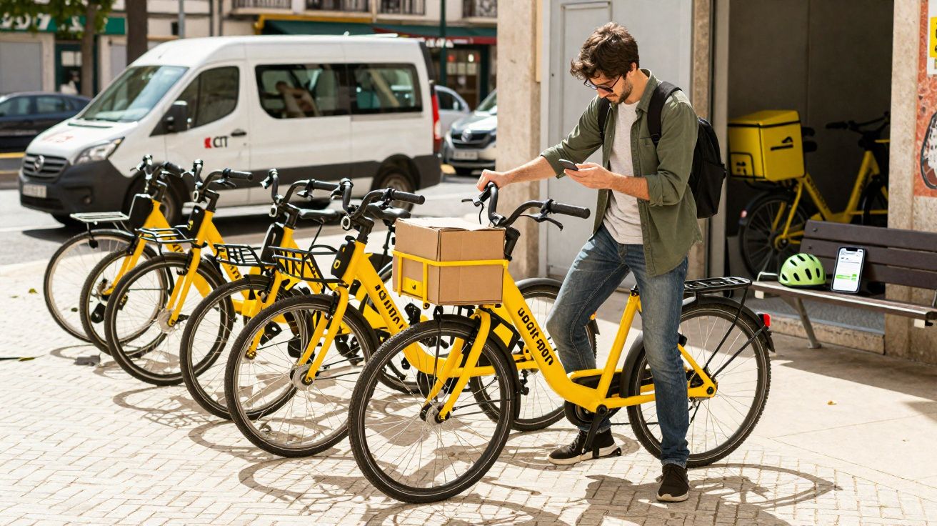 Homem com mochila a preparar bicicleta de entrega amarela numa estação de aluguer urbana.