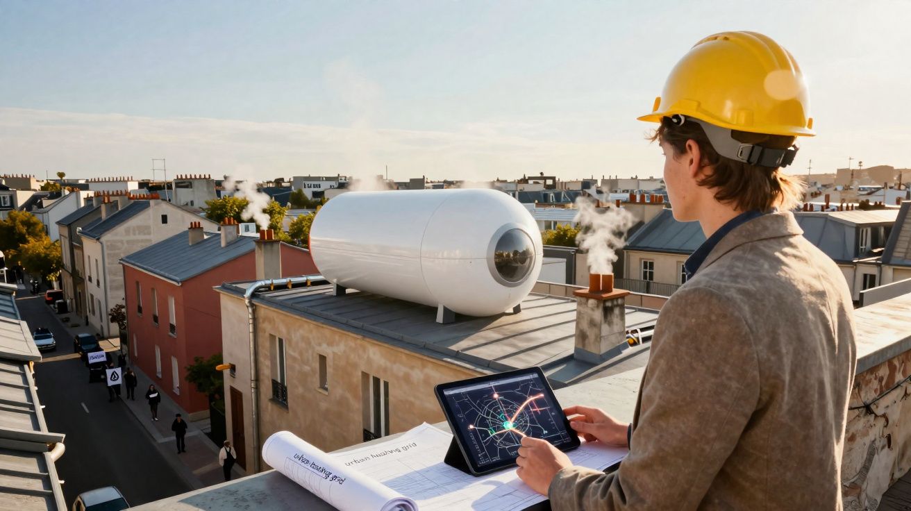 Engenheiro com capacete observa maquete futurista urbana, usando tablet e plantas de construção no telhado.