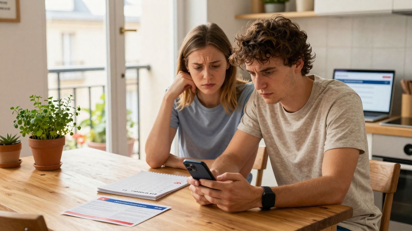 Jovem casal preocupado sentado à mesa a olhar para o telemóvel com documentos espalhados.