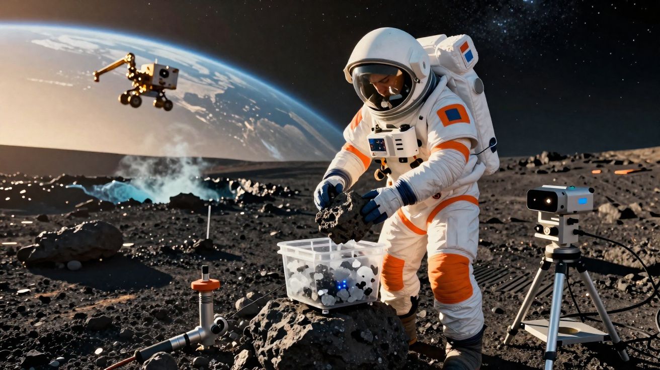 Astronauta recolhe amostras de rochas numa paisagem lunar com equipamento tecnológico ao redor.