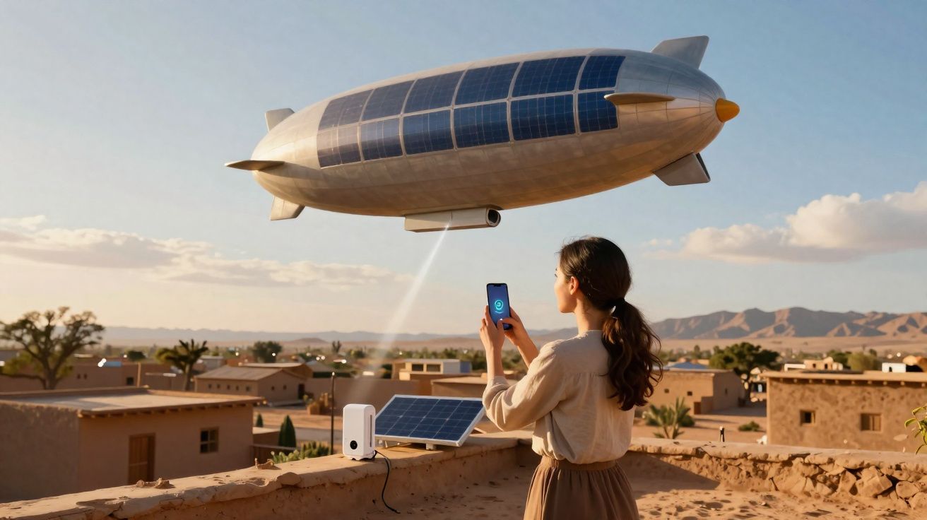 Mulher controla dirigível solar com smartphone, numa vila árida com placas solares ao pôr do sol.