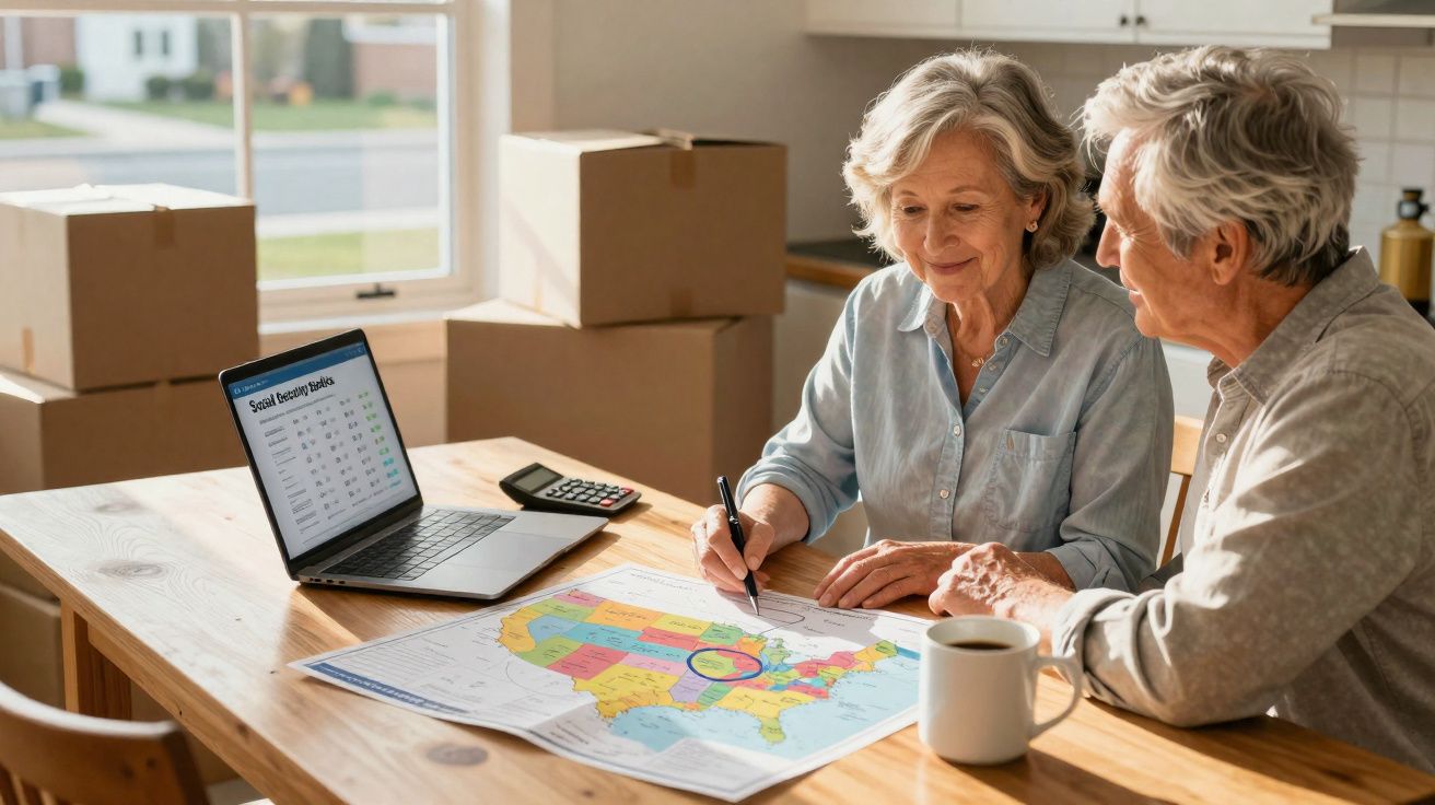 Casal sénior a planear viagem com mapa, computador e calculadora numa mesa de cozinha com caixas de mudança.