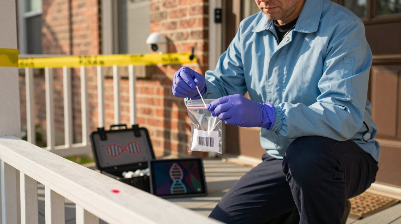 Perito forense recolhe amostra de prova num saco plástico junto a uma casa com fita de isolamento policial.